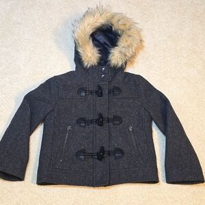 NWT Gap 4-5 Girls Heather Gray Toggle Duffle Coat with Removable Faux Fur Trim